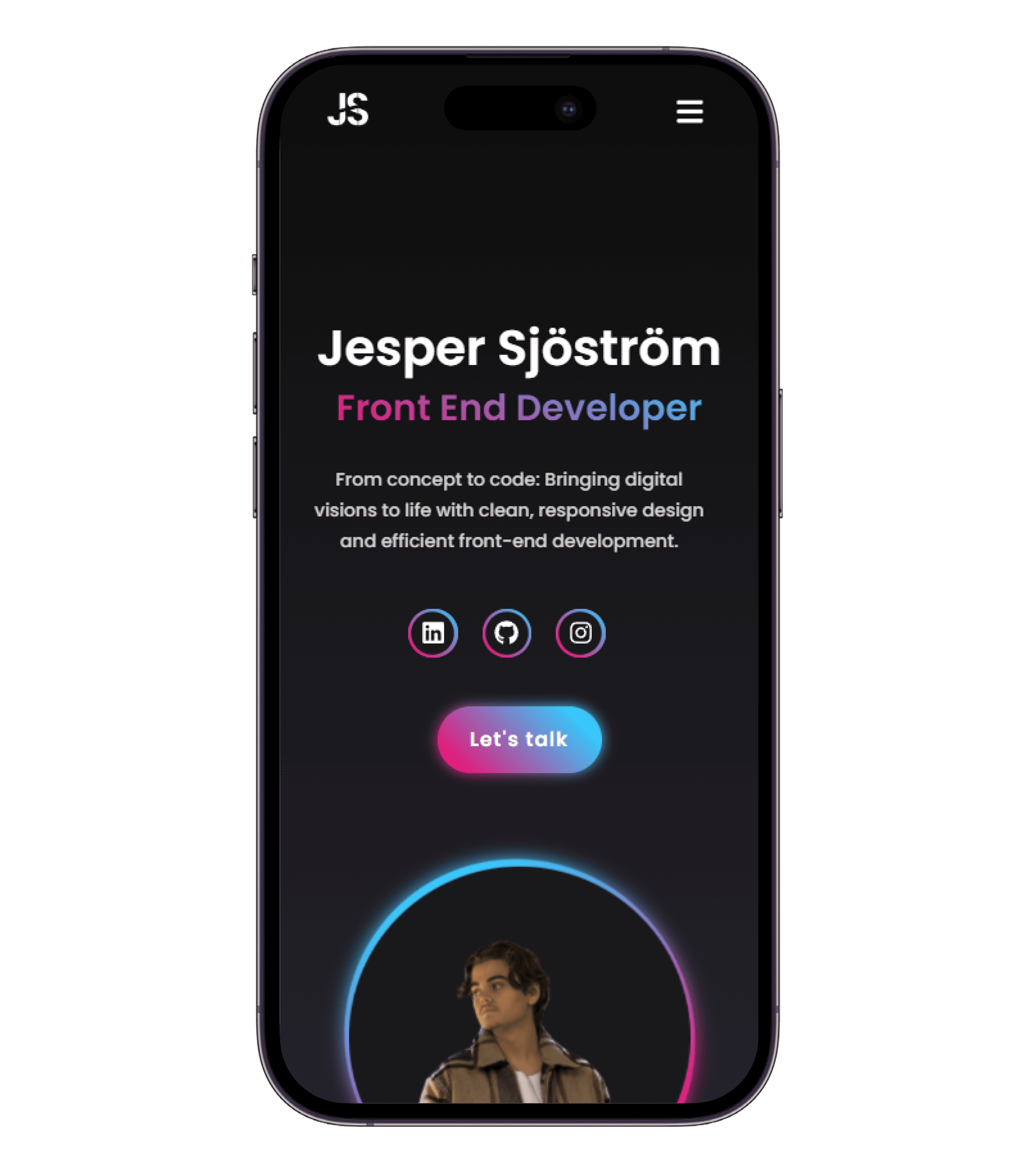 Portfolio v1 homepage on a phone