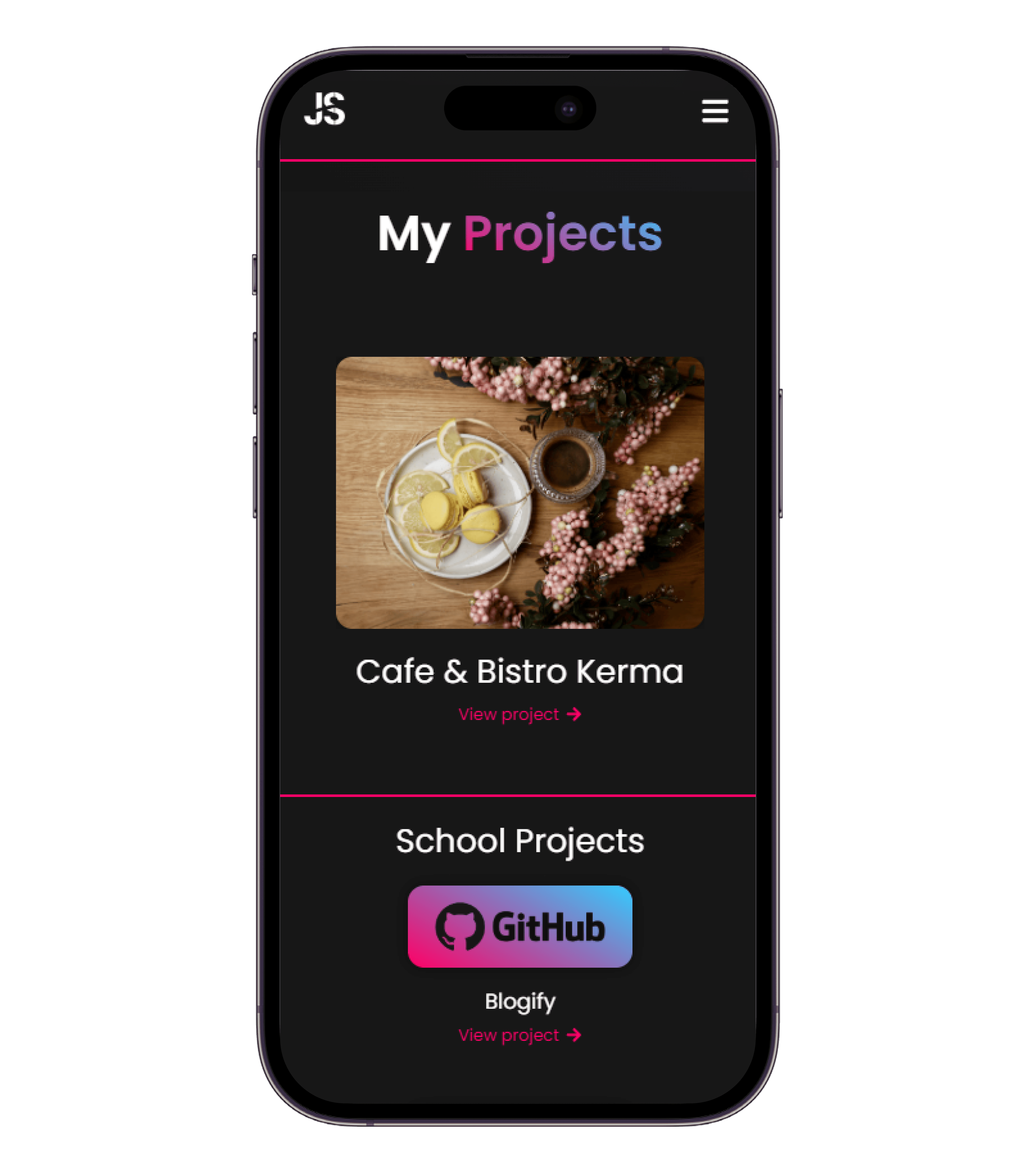 The Portfolio v1 projects page on a phone